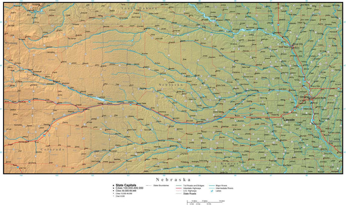 Digital Nebraska Terrain map in Adobe Illustrator vector format with Terrain NE-USA-942235
