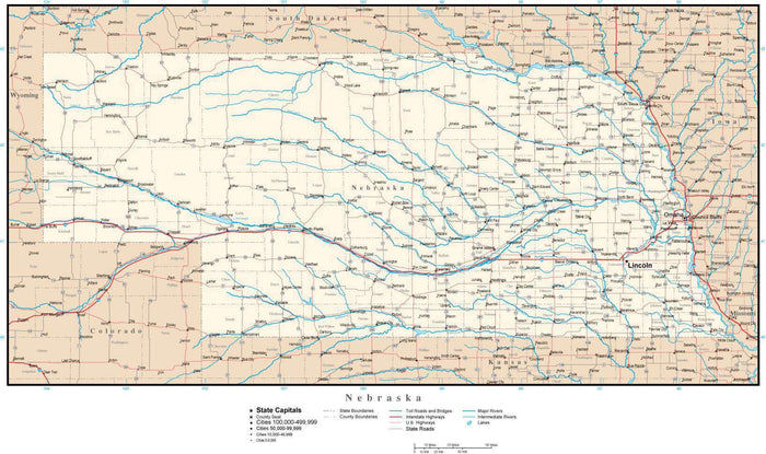 Nebraska Map with Capital, County Boundaries, Cities, Roads, and Water Features