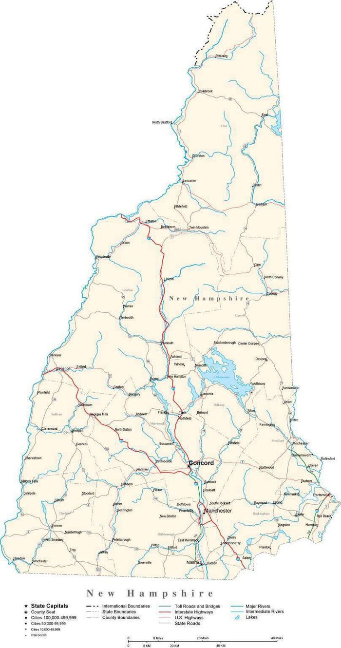New Hampshire Map - Cut Out Style - with Capital, County Boundaries, Cities, Roads, and Water Features