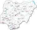 Nigeria Black & White Map with Capital, Major Cities, Roads, and Water Features