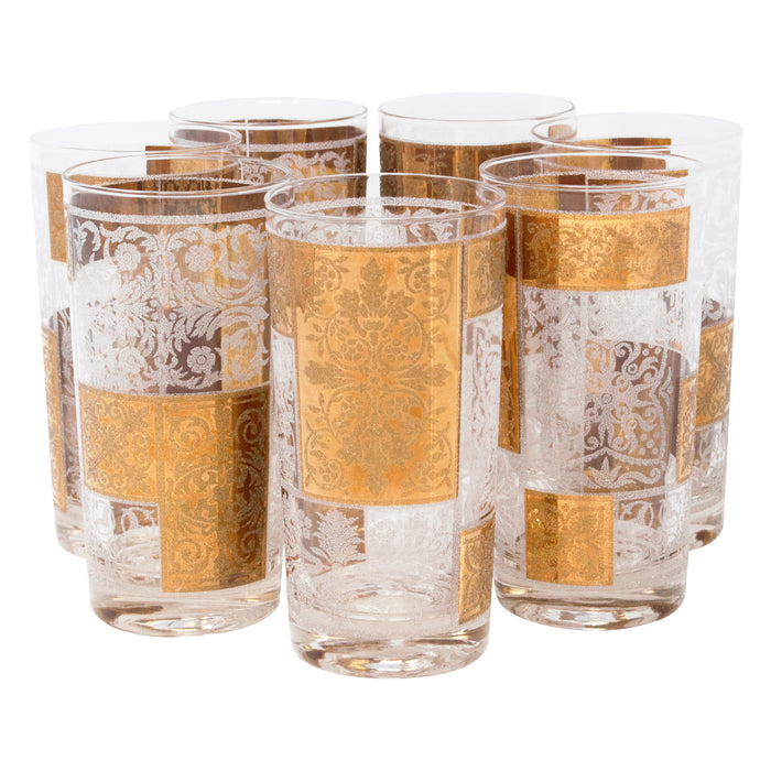Vintage Pasinski Gold and Frosted Filigree Collins Glasses Front | The Hour Shop