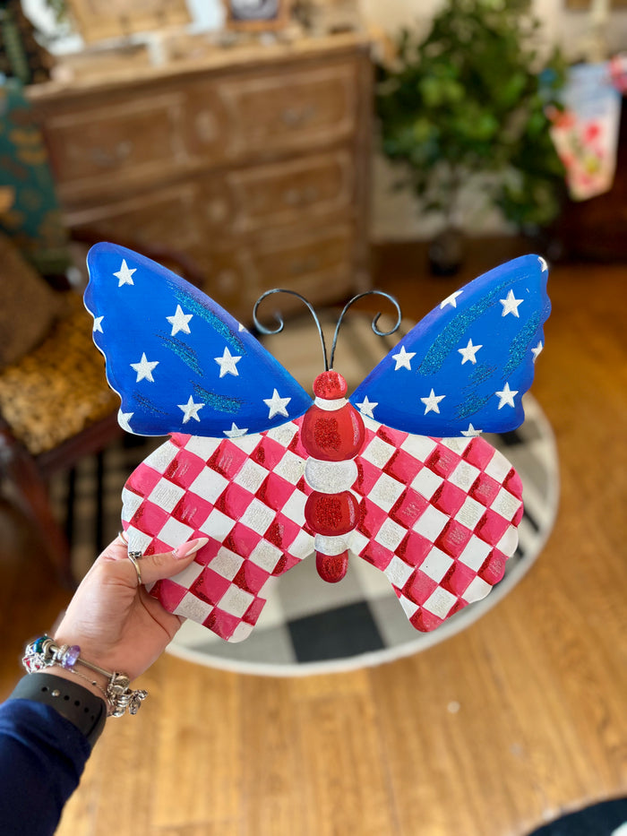 Patriotic Check, Stars & Stripes Bugs Red White & Blue Metal Stake