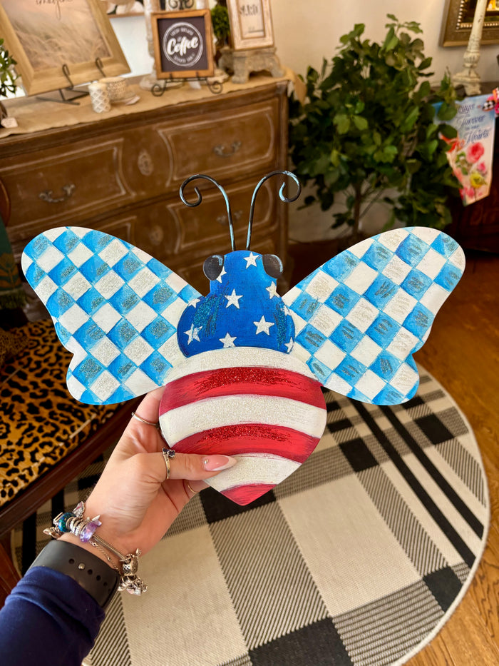 Patriotic Check, Stars & Stripes Bugs Red White & Blue Metal Stake