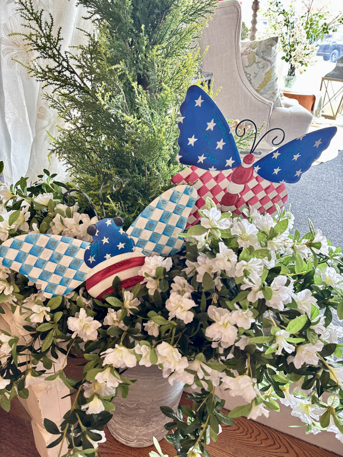 Patriotic Check, Stars & Stripes Bugs Red White & Blue Metal Stake