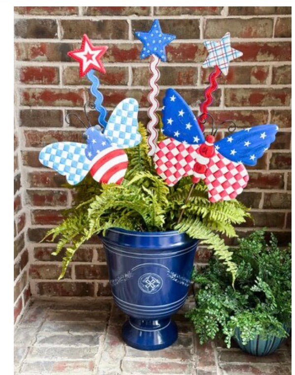 Patriotic Check, Stars & Stripes Bugs Red White & Blue Metal Stake
