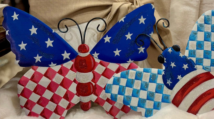 Patriotic Check, Stars & Stripes Bugs Red White & Blue Metal Stake