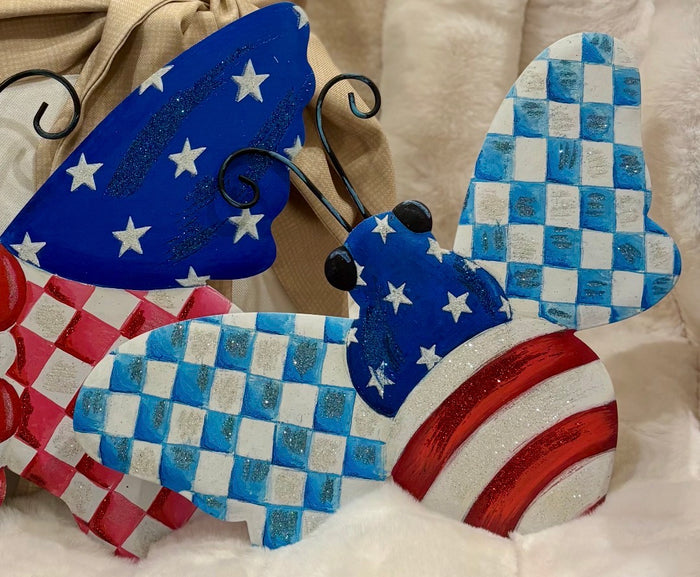 Patriotic Check, Stars & Stripes Bugs Red White & Blue Metal Stake