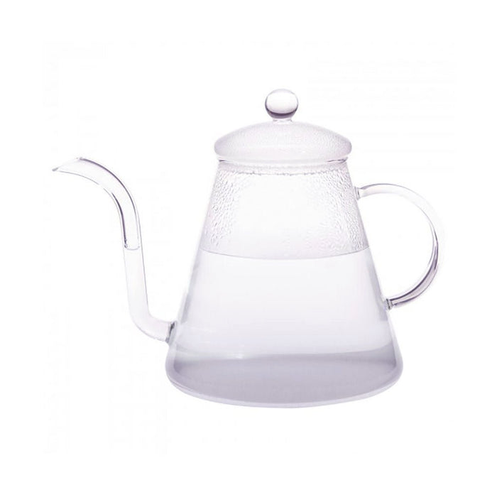 Clear glass pour over teapot with long neck and lid on white background