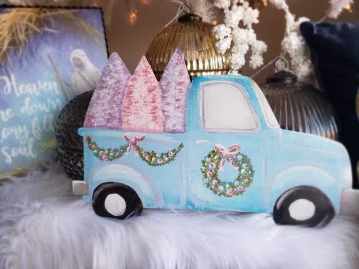 Pretty Pastel Farmhouse Blue Truck with Trees Metal Stake Outdoor or Indoor