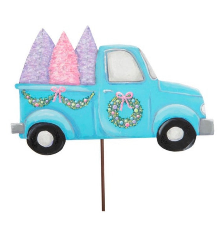 Pretty Pastel Farmhouse Blue Truck with Trees Metal Stake Outdoor or Indoor
