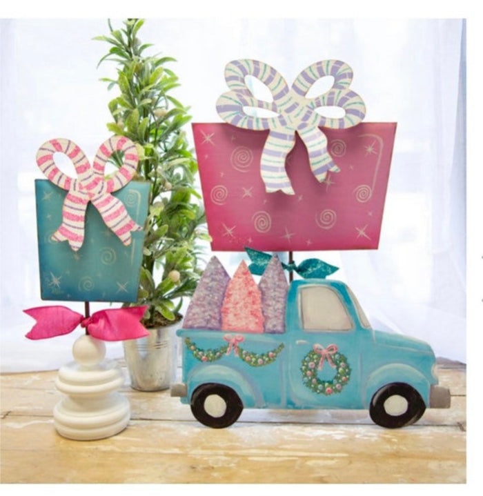 Pretty Pastel Farmhouse Blue Truck with Trees Metal Stake Outdoor or Indoor