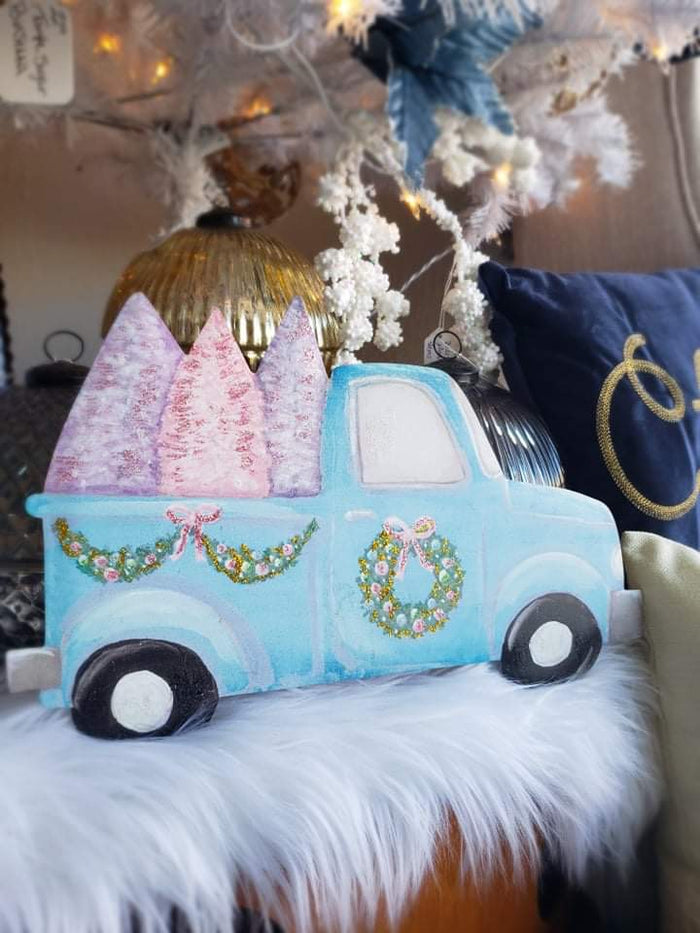 Pretty Pastel Farmhouse Blue Truck with Trees Metal Stake Outdoor or Indoor