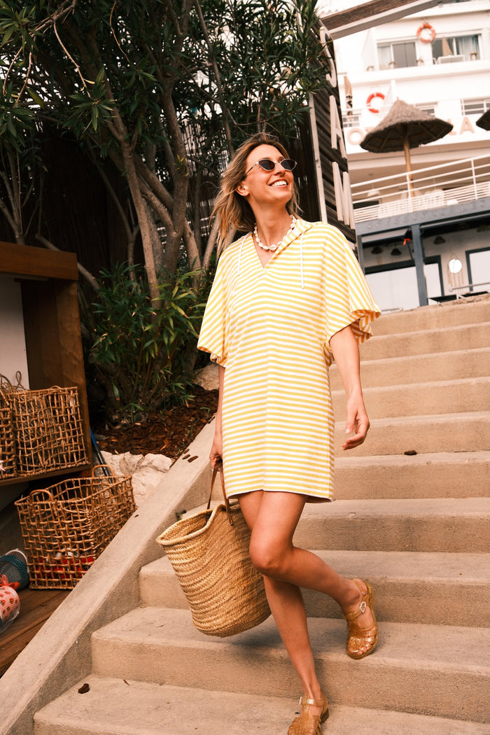 Robe éponge à capuche Jaune abeille rayé Pearl stripe