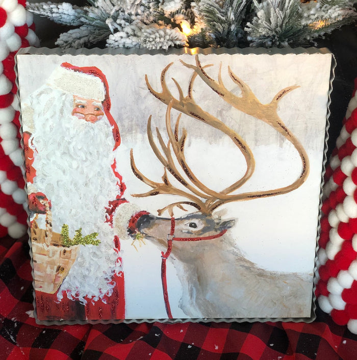 Santa Feeding Reindeer Pic with Galvanized Edge