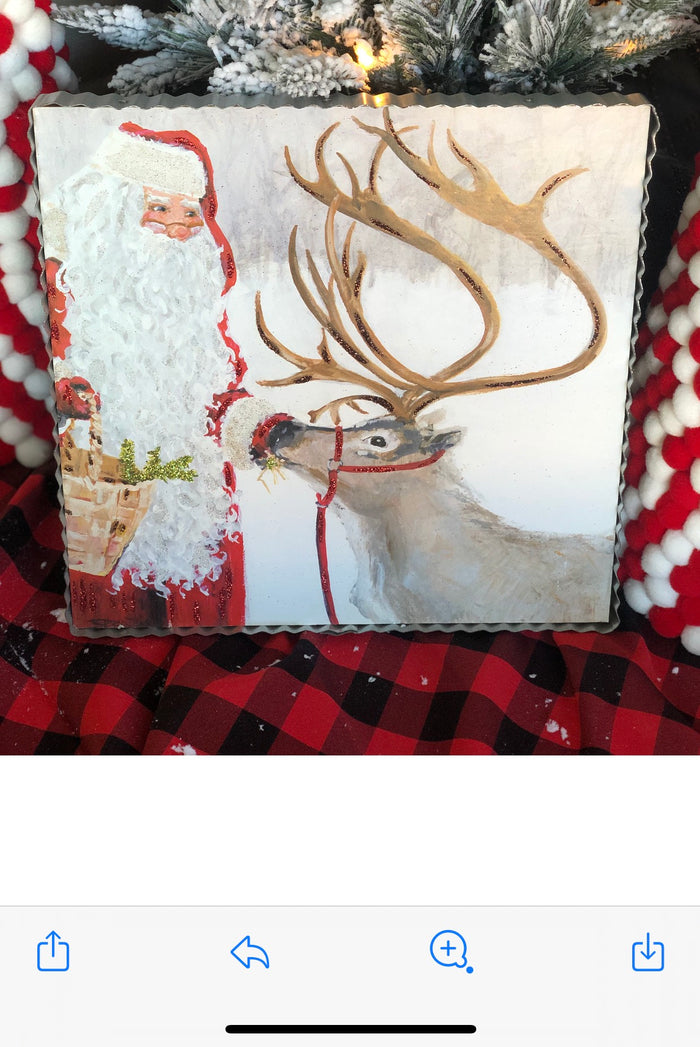 Santa Feeding Reindeer Pic with Galvanized Edge