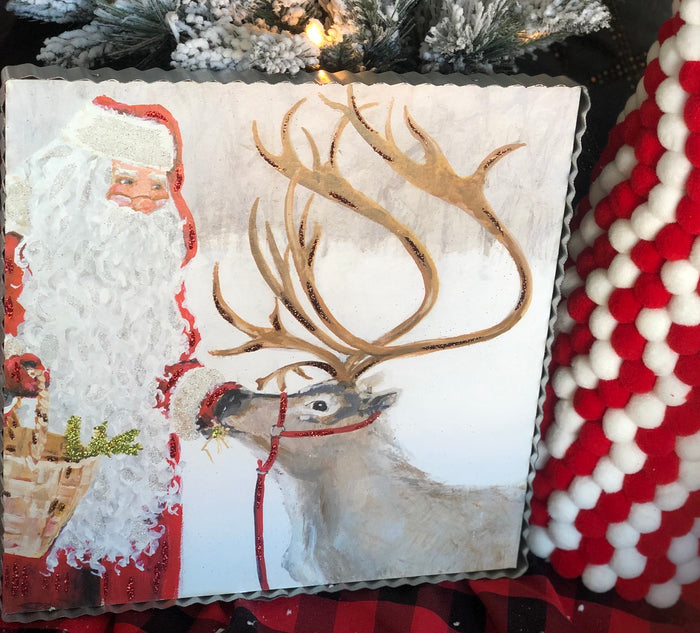 Santa Feeding Reindeer Pic with Galvanized Edge