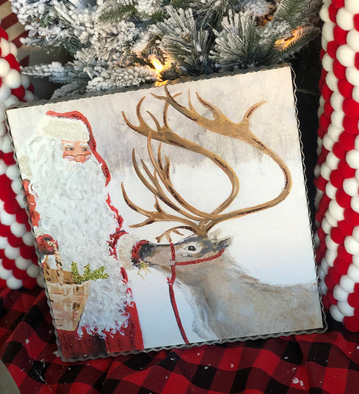 Santa Feeding Reindeer Pic with Galvanized Edge