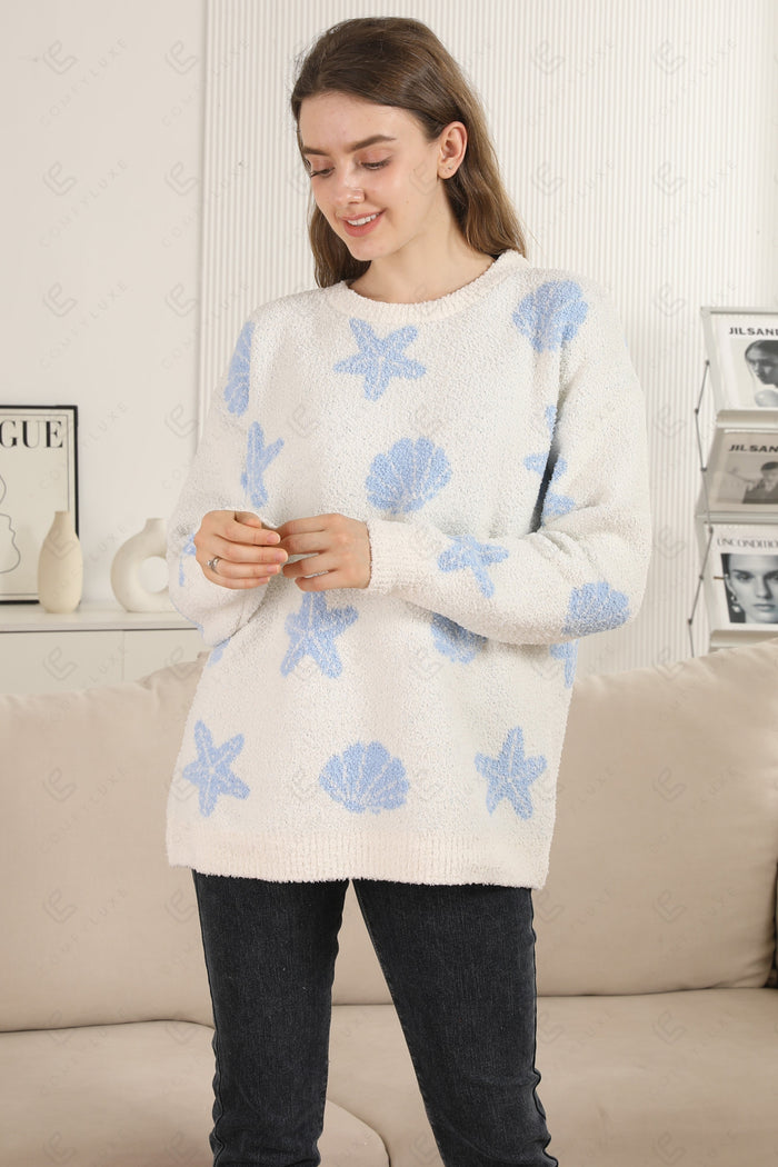 SEASHELL & STARFISH PATTERN SWEATER BLUE APPAREL