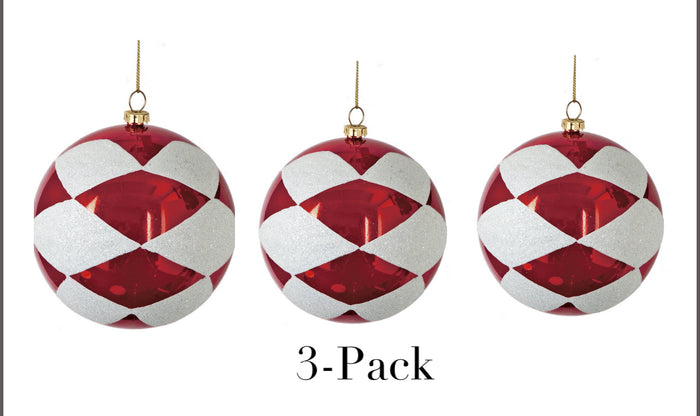 Set of 3 Diamond Pattern Red and White 4” Ornaments