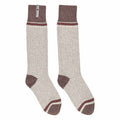 Pair of beige and brown socks on a white background