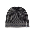 Black textured knit beanie with a brand tag on a white background