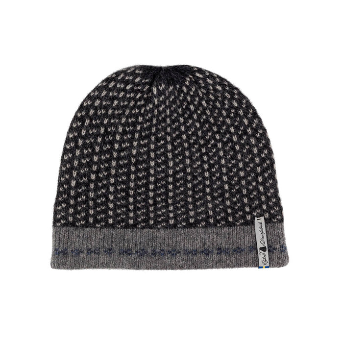 Black textured knit beanie with a brand tag on a white background
