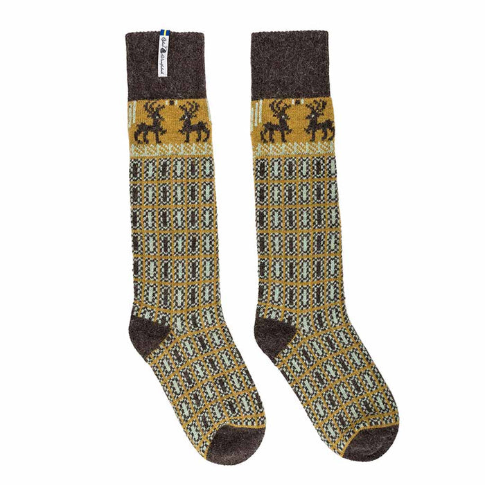 Pair of patterned socks with reindeer design on a white background