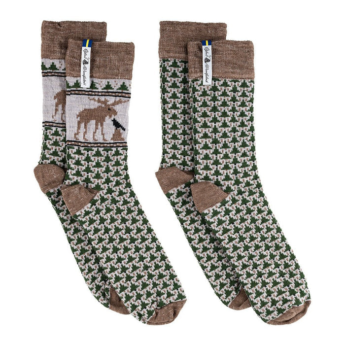 Two pairs of patterned socks with moose design on a white background