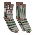Two pairs of patterned socks with moose design on a white background