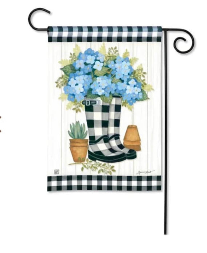 Spring Flag Rain Boot Black and White Check with Blue Flowers