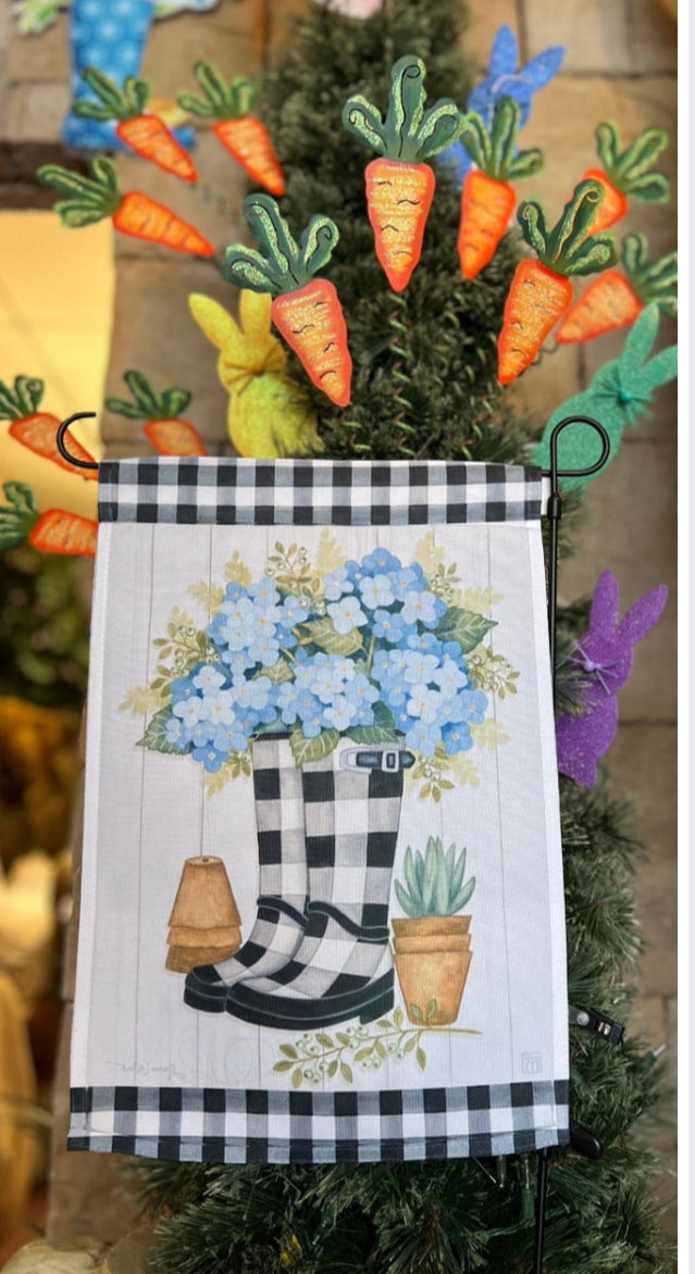 Spring Flag Rain Boot Black and White Check with Blue Flowers