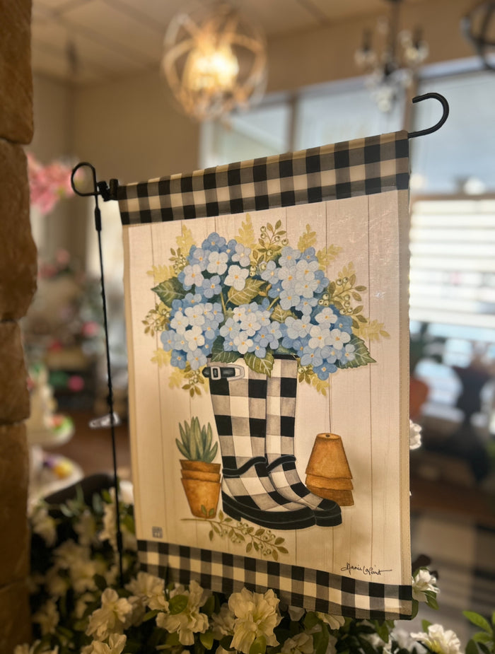 Spring Flag Rain Boot Black and White Check with Blue Flowers