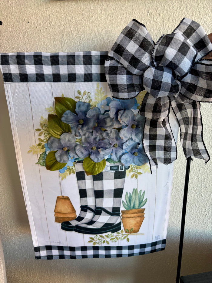 Spring Flag Rain Boot Black and White Check with Blue Flowers