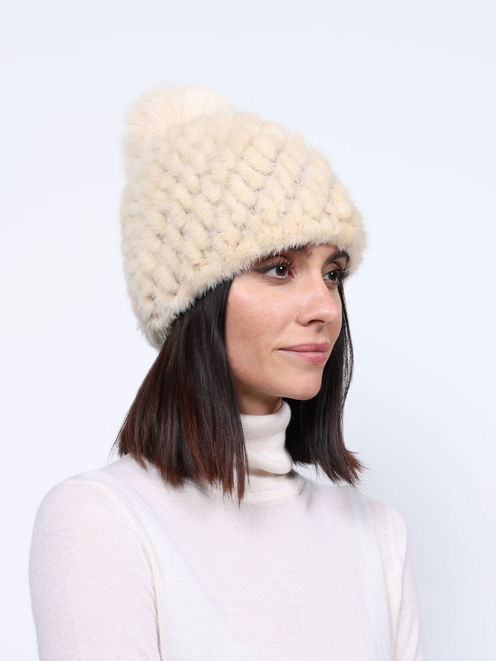 The Knit Mink Fur Hat with Fox Pom in Multiple Colors