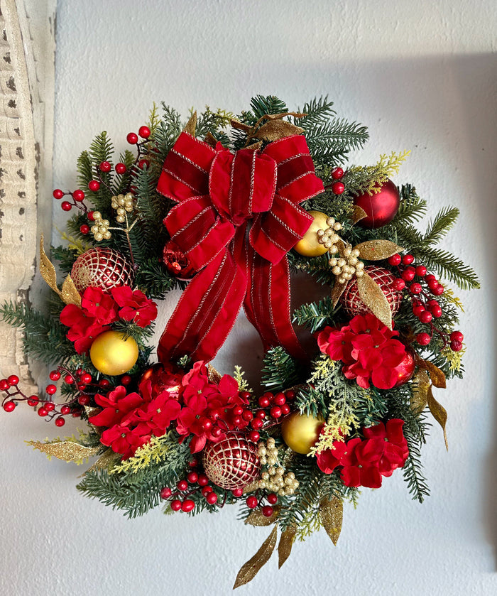 Traditional Red & Gold Christmas Wreath with Red Velvet Bow
