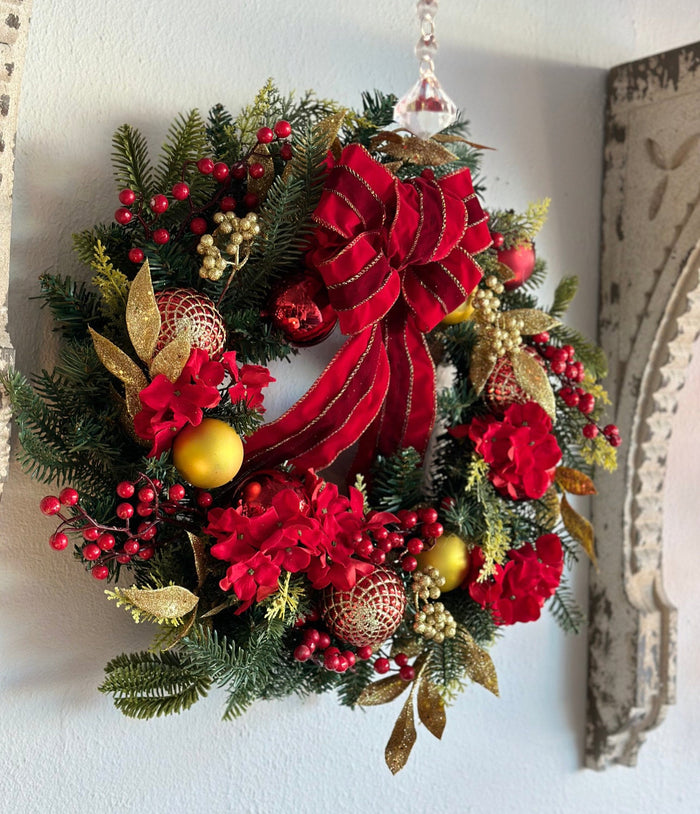 Traditional Red & Gold Christmas Wreath with Red Velvet Bow