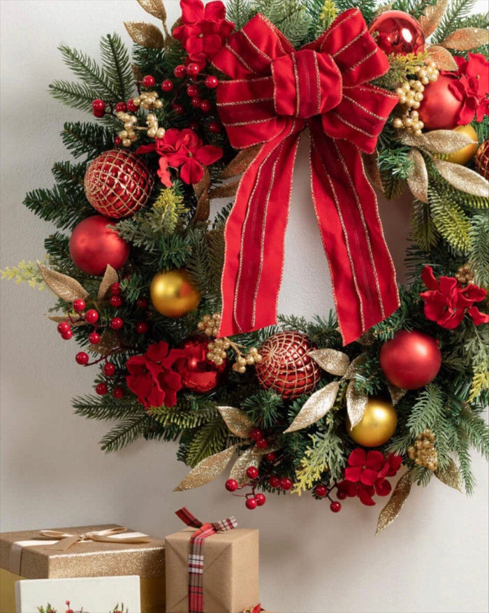 Traditional Red & Gold Christmas Wreath with Red Velvet Bow