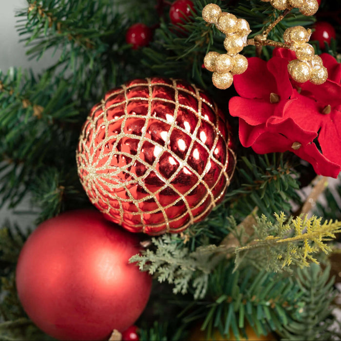 Traditional Red & Gold Christmas Wreath with Red Velvet Bow