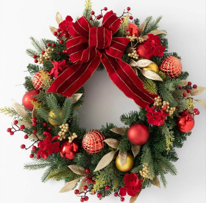 Traditional Red & Gold Christmas Wreath with Red Velvet Bow