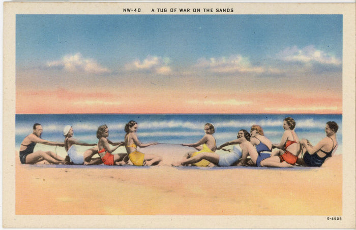 Tug of War on the Sands Beach Scene Bathing Beauties Vintage Postcard (unposted) - Vintage Postcard Boutique