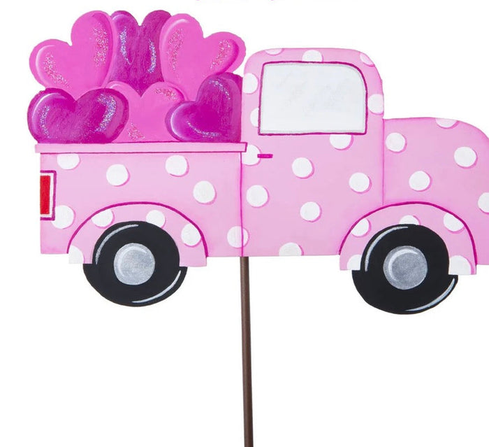 Valentines Loads of Love Pink Polka Dot Truck Metal Stake with Attached Easel