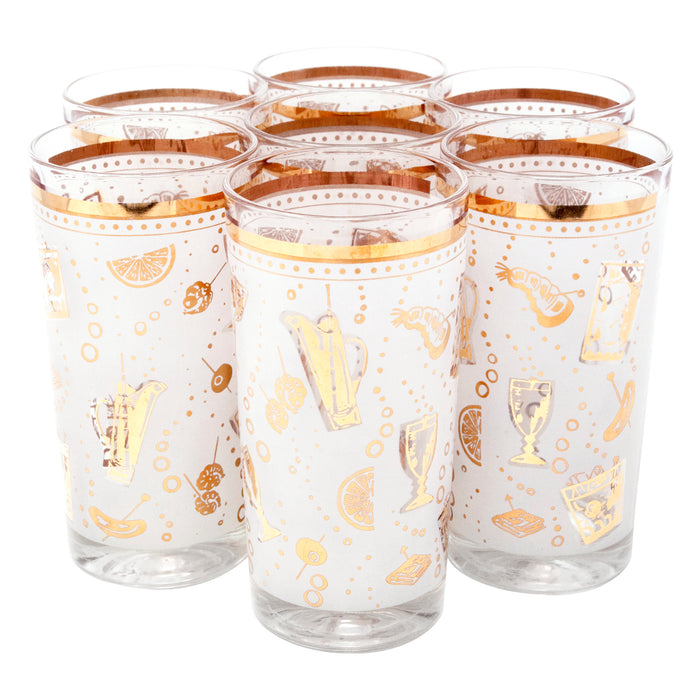 Vintage White & Gold Cocktail Motif Collins Glasses | The Hour Shop