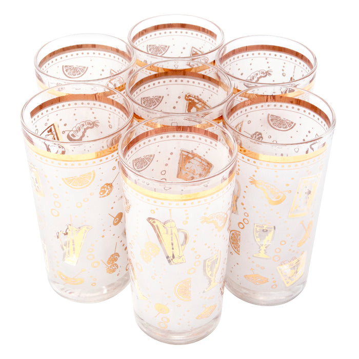 Vintage White & Gold Cocktail Motif Collins Glasses Top | The Hour Shop