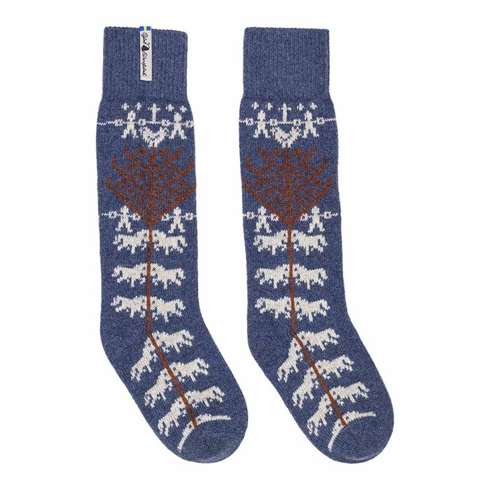Pair of blue socks with white and brown patterns on a white background