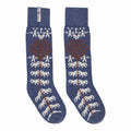 Pair of blue socks with white and brown patterns on a white background
