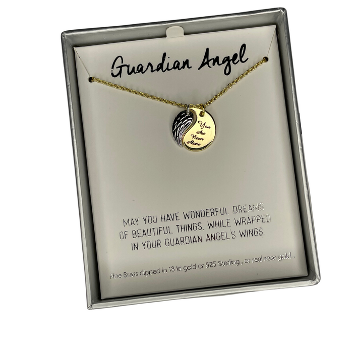 "You Are Never Alone" Guardian Angel Necklace - Silver Wing/Gold Pendant