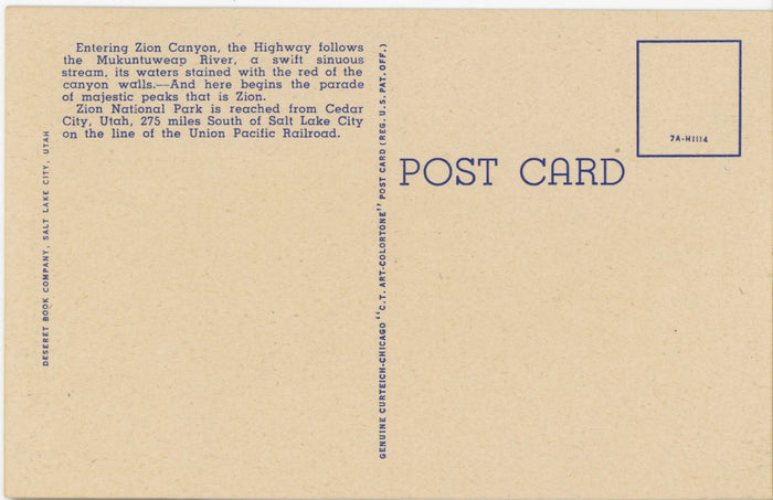 Zion National Park South Entrance Vintage Utah Postcard (unposted) - Vintage Postcard Boutique